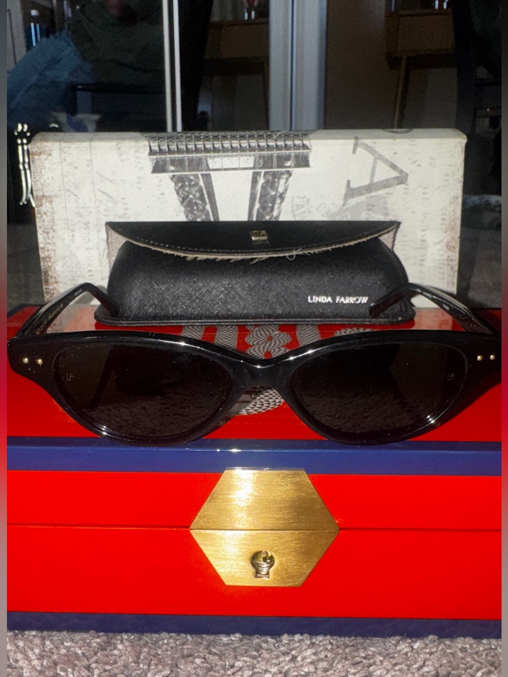 Linda Farrow Black Cat-Eye Women's Sunglasses with Black Case